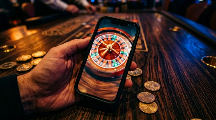 Overhead view of a hand holding a phone with live roulette on screen