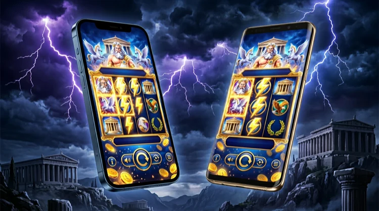 iPhone and Android phones showing a mythological casino slot game