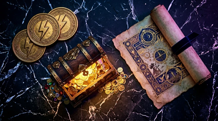 Golden treasure chest, stacked coins and scroll on dark marble for casino bonuses
