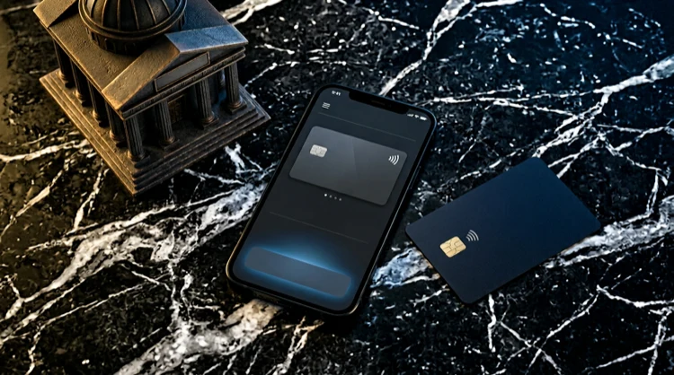 Payment card, smartphone and bank icon on dark marble for casino deposits