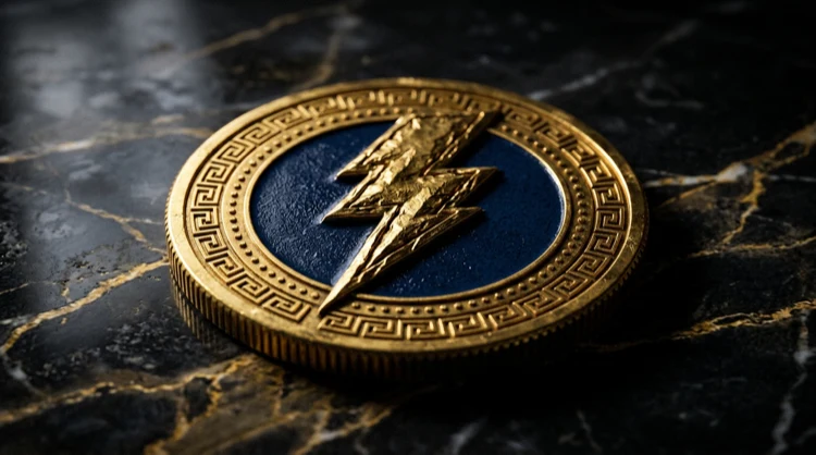 Golden casino chip with Zeus lightning bolt on dark marble