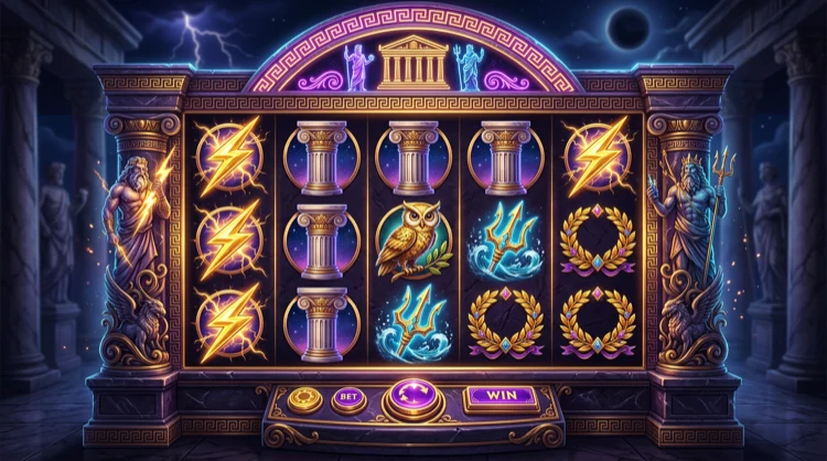 Greek mythology slot machine reels with lightning, columns and trident symbols