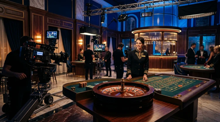 Luxury live casino studio with dealer at a roulette table