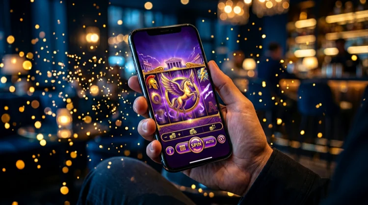 Smartphone showing a mythological slot game with gold and purple symbols