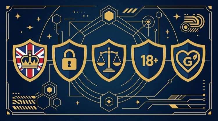 Stylised shields for licensing, security, fairness, age restriction and responsible gaming