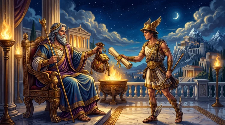 Greek gods exchanging golden coins and scrolls symbolising trust and rewards