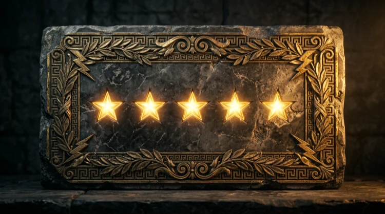 Greek marble tablet with five golden stars and laurel border for player ratings