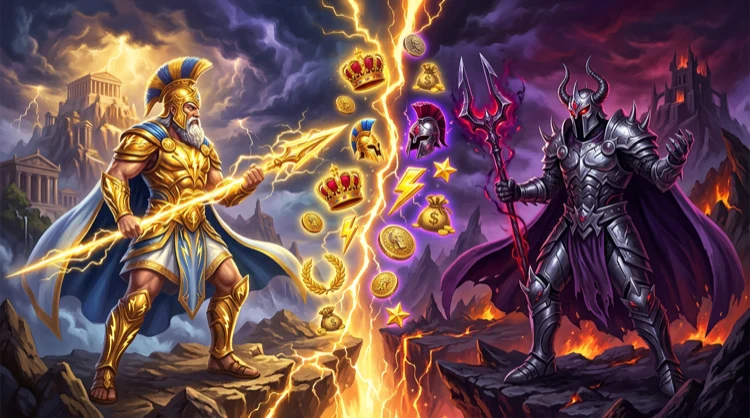 Zeus and Hades facing each other with golden slot symbols between them