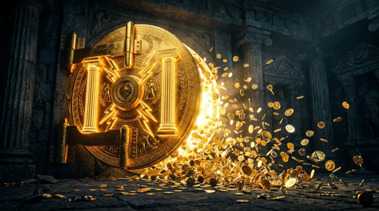 Golden Greek vault door opening with coins and lightning bolt motifs