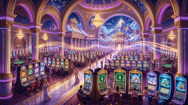 Olympus-style casino floor with glowing mythology-themed slot machines